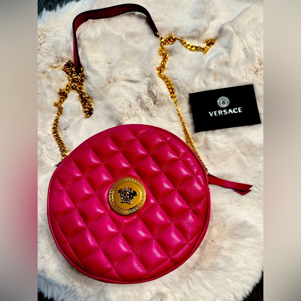 Versace quilted shoulder camera bag. Hot pink. Lamb leather
